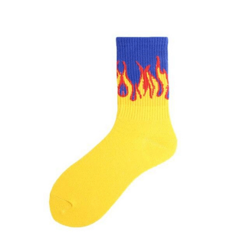chaussette jaune et bleu motif flammes