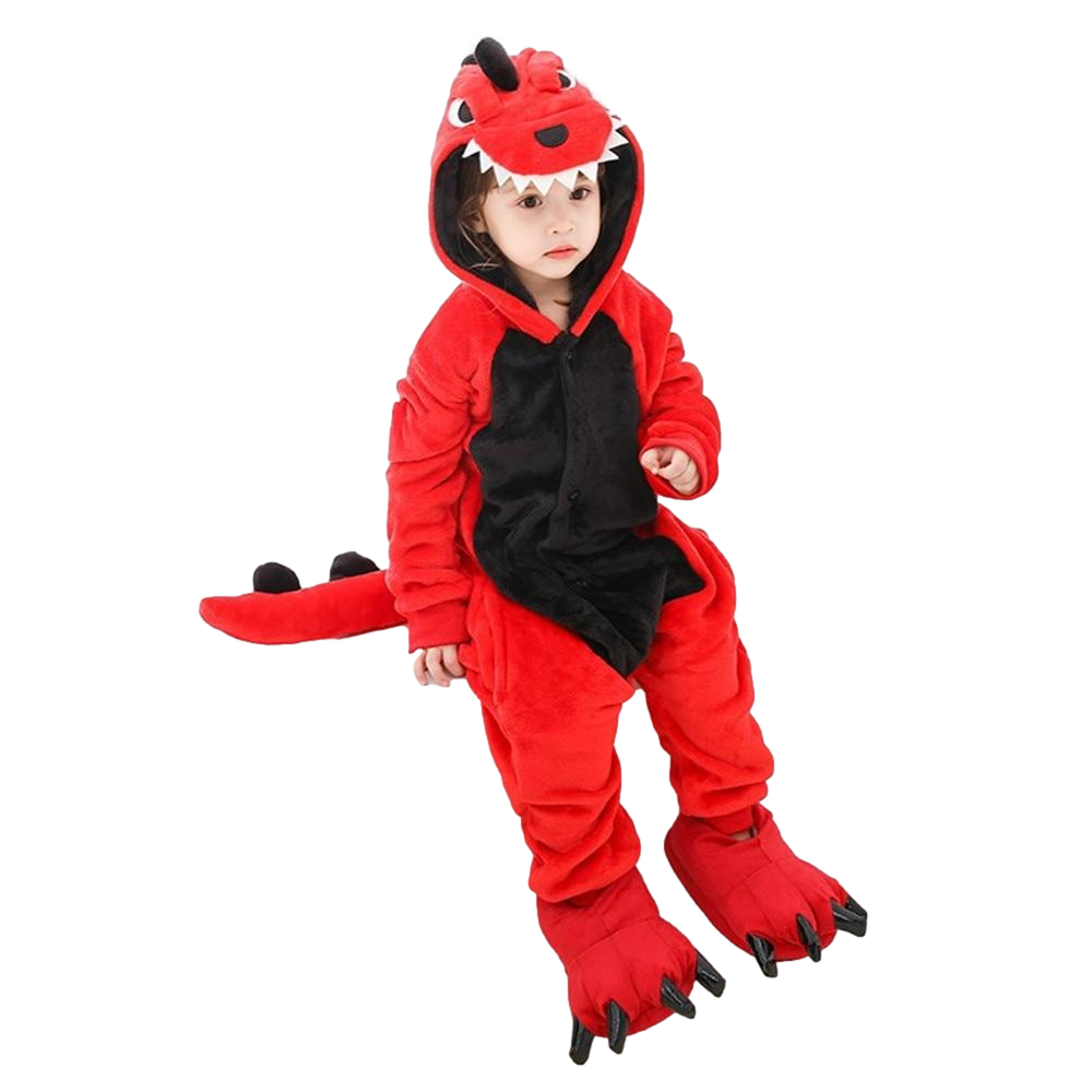 enfant portant combinaison pyjama t-rex rouge et noire 